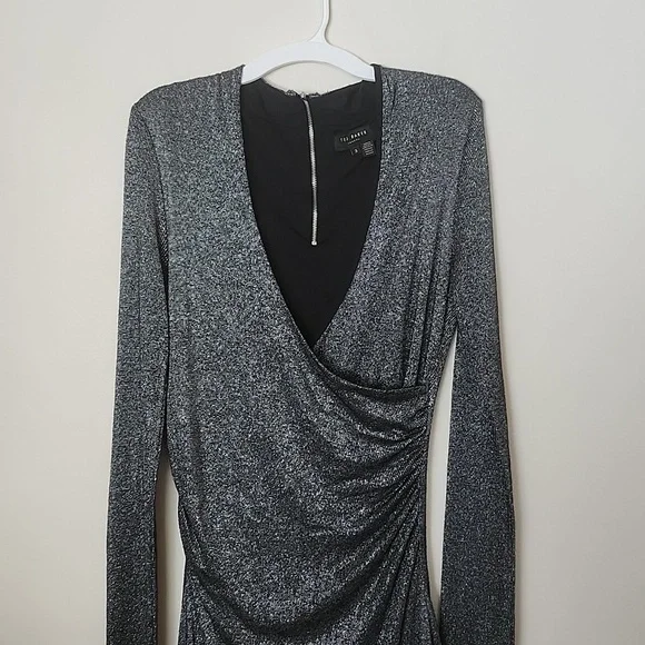 Ted Baker London metallic ruched midi cocktail party dress, date night, evening - Picture 2 of 10